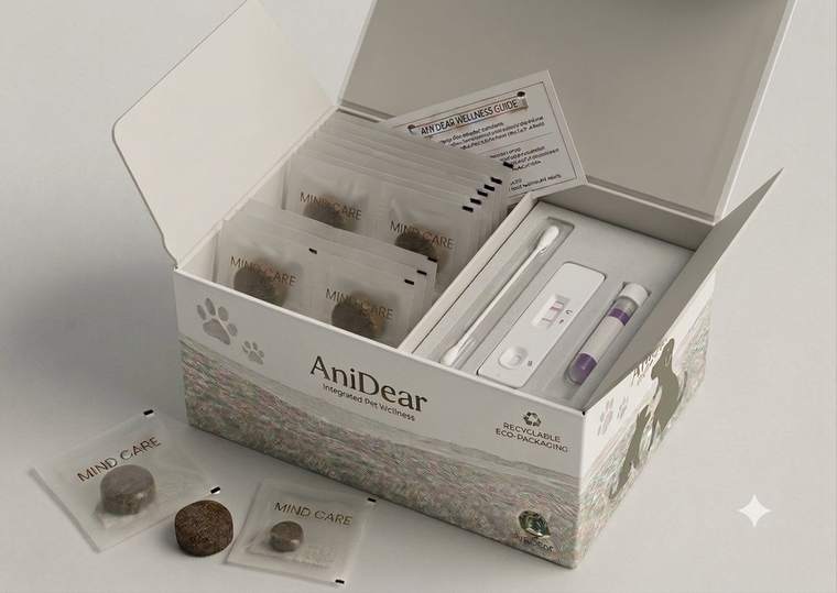 AniDear Mind Check & Mind Care 패키지 — 개별 소포장 소프트츄와 타액 코티솔 검사키트가 한 박스에 담긴 모습